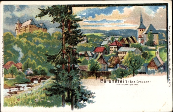 Chromo-Litho Bärenstein Altenberg in the Ore Mountains, general view from the north, church, castle