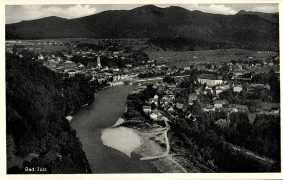 Postcard Bad Tölz in Upper Bavaria, landscape shot, city view, river, mountains in the background