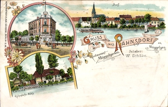 Chromo-Litho Berlin Köpenick Rahnsdorf, Restaurant Müggelgarten, Village, Mill