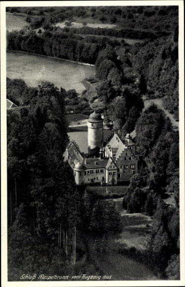 Postcard Mespelbrunn in the Spessart Lower Franconia, castle, aerial photograph