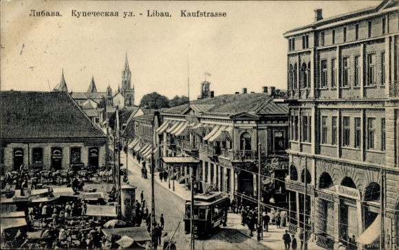 Postcard Liepaja Libau Latvia, shopping street, tram, market