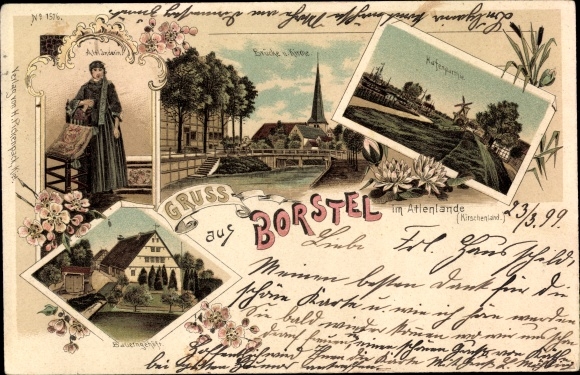 Chromo-Litho Borstel Jork in the district of Stade, farmstead, harbor area, bridge, church, traditional costume