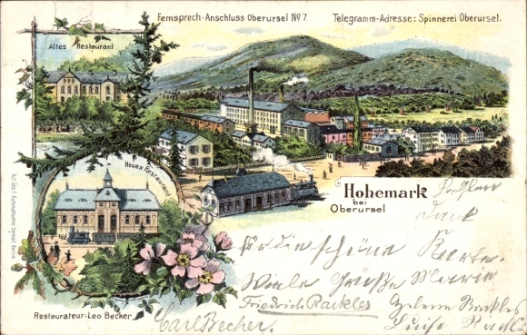 Chromo-Litho Hohe Mark Hohemark Oberursel in Taunus Hessen, spinning mill, old and new restaurant