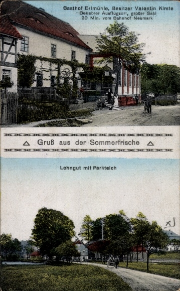Postcard Neumark in Sachsen, Gasthof Erlmühle, Lehngut, Parkteich, Inh. Valentin Kirste
