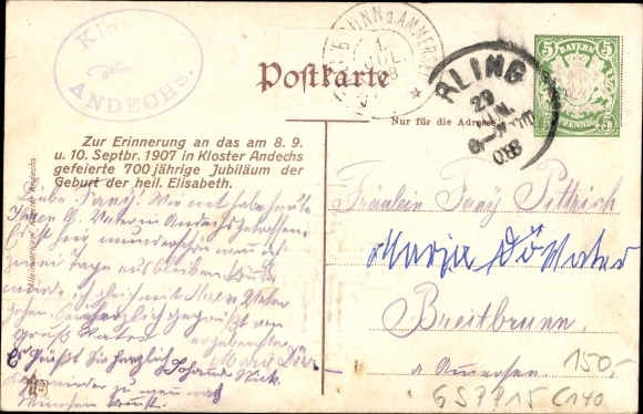 Postwaardestuk ansichtkaart Andechs am Ammersee Oberbayern, Kloser, St. Elisabethen Kreuz, PP 15 C 140