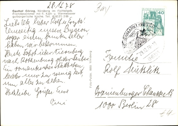Postcard Wirsberg in the Fichtelgebirge, partial views, Gasthof Göring, dining room, exterior view