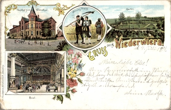 Chromo-Litho Niederwiera Oberwiera in Saxony, Gasthof zum Wieratal, farmers in Altenburg costumes