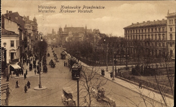 Postcard Warszawa Warsaw Poland, Krakow Suburb, Tram Line 5