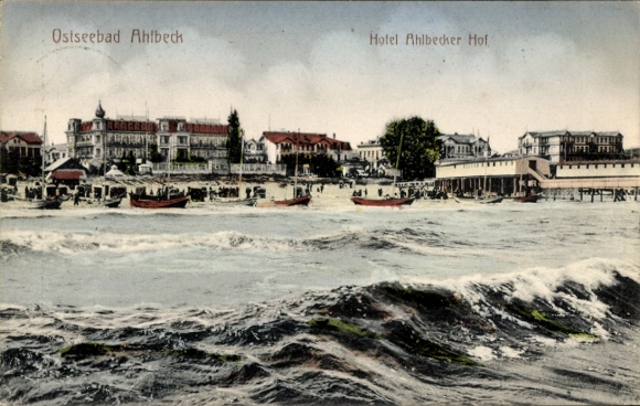 Postcard Baltic Sea resort Ahlbeck on Usedom, Baltic Sea resort Hotel Ahlbecker Hof, coastal landscape