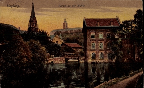 Postcard Siegburg an der Sieg, part of the mill, buildings, watercourse, church