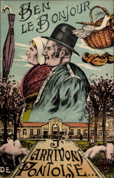 CPA Pontoise Val d'Oise, Gare, couple in traditional costume
