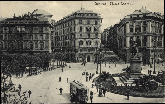 Postcard Genova Genoa Liguria, Piazza Corvetto, statue, tram