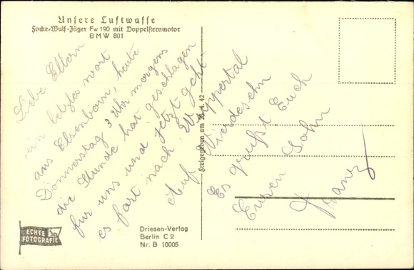 Postcard Deutsche Luftwaffe, fighter plane, Focke Wulf Jäger Fw 190, A1U1