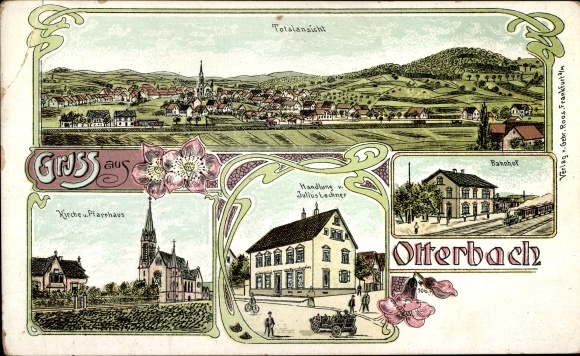 Litho Otterbach in der Pfalz, Bahnhof, Gleisseite, Kirche, Handlung, Totalansicht, Pfarrhaus