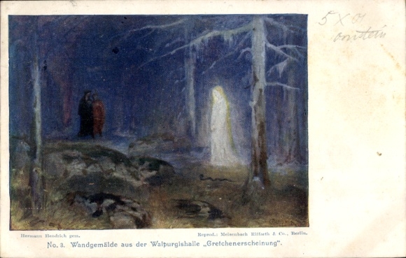 Kunstenaarskaart Hendrich, Hermann, Thale in het Harzgebergte, Hexentanzplatz, Walpurgishalle, Gretchen-verschijning