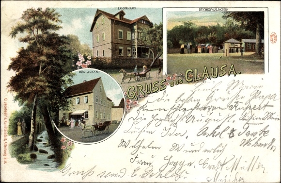 Postcard Klausa Nobitz Thuringia, lodging house, beech forest, restaurant