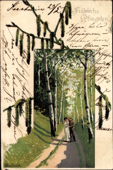 Artist Chromo-Litho Mailick, Congratulations Pentecost, couple in a birch avenue