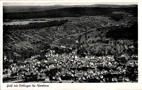Postcard Dietlingen Keltern in Baden, aerial view of Dietlingen, landscape, vineyards