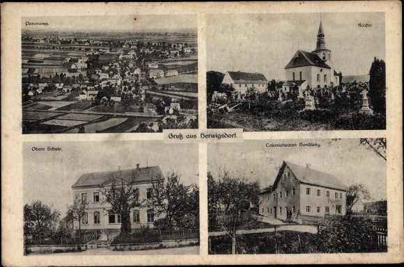 Ansichtkaart Herwigsdorf Rosenbach in Oberlausitz, panorama, kerk, bovenbouw, kruidenierswinkel
