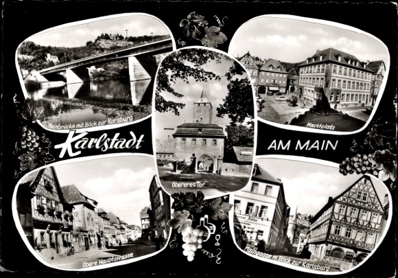 Postcard Karlstadt am Main Lower Franconia, Market Square, Main Bridge, Upper Main Street, Maingasse, Karlsburg