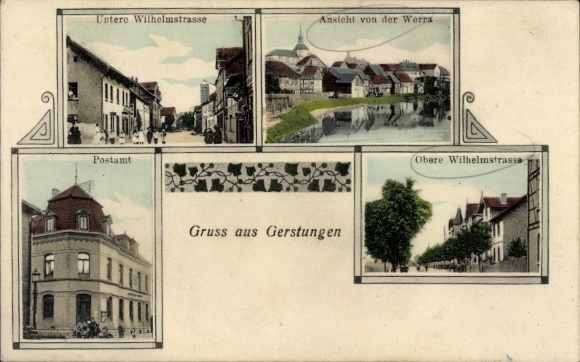 Postcard Gerstungen in Thuringia, Four views of greetings from the post office
