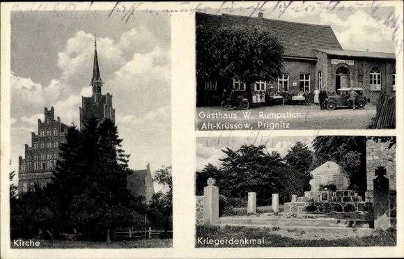 Postcard Alt Krüssow Pritzwalk in the Prignitz, church, inn, war memorial