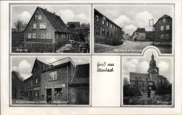 Postcard Utenbach Apolda in Weimarer Land Thuringia, parish, party at the school, colonial goods Krähmer