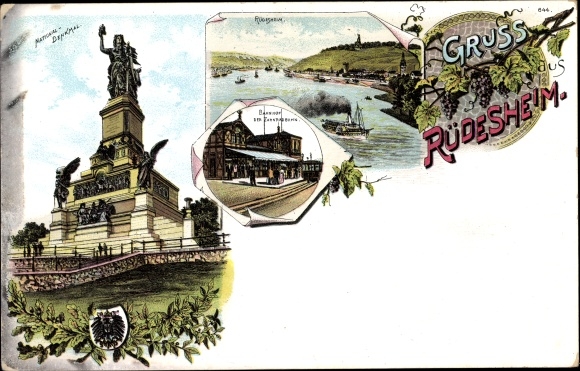 Chromo-Litho Rüdesheim am Rhein, place with surroundings, train station, Niederwald national monument, coat of arms
