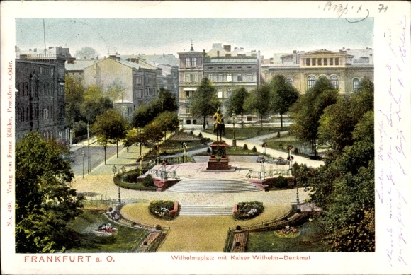 Postcard Frankfurt an der Oder, Wilhelmsplatz, Kaiser Wilhelm Memorial, parks, trees, buildings