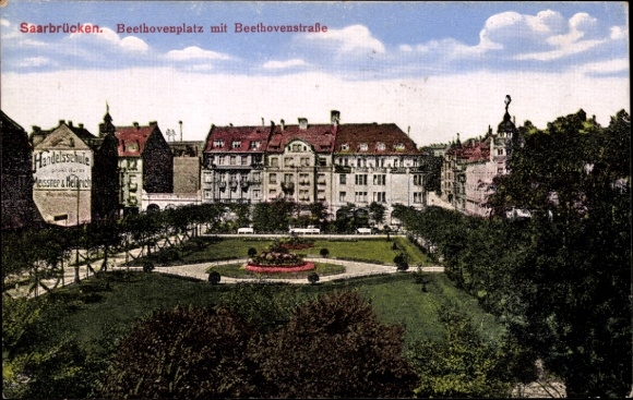 Postcard Saarbrücken in Saarland, Beethovenplatz, Beethovenstraße, Commercial School