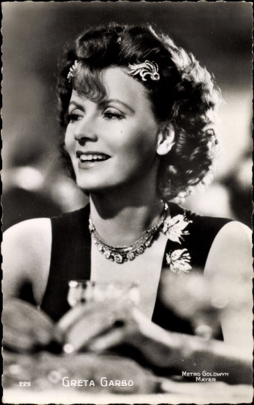 Postcard actress Greta Garbo, portrait, chain