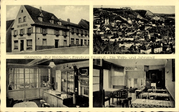 Ak Freyburg an der Unstrut, Gaststätte Zur Haldecke, Inh. Kurt Seidel, Stadtpanorama