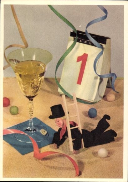 Postcard Happy New Year, calendar, champagne glass, chimney sweep