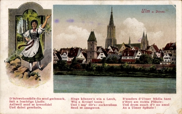 Wiersz KP Ulm nad Dunajem, pejzaż miejski, kobieta ze Szwabii w tradycyjnym stroju