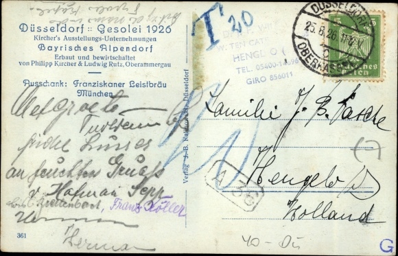 Ansichtkaart Düsseldorf am Rhein, Gesolei 1926, kavel uit het Beierse Alpendorp