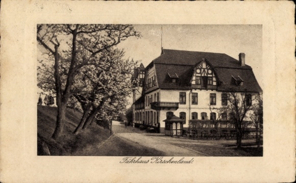 Postcard Wisch Jork in the Altes Land, Fahrhaus Hirschenland, old building view, trees, street