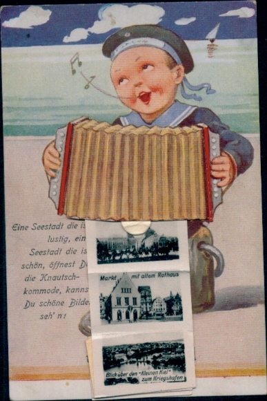 Leporello Postcard Kiel, Market, Town Hall, Naval Port
