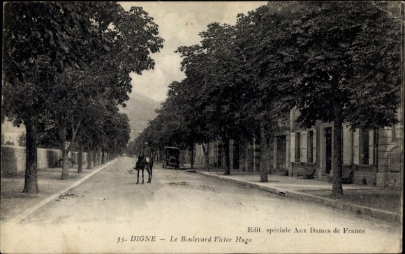 Postcard Digne les Bains Alpes de Haute Provence, street, trees, horse, Boulevard Victor Hugo,