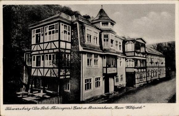 Postcard Schwarzburg in Thuringia, view of the Sart and Pension House, tourist landscape, Archit