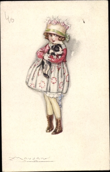 Artist Postcard Mauzan, Girl with Dog