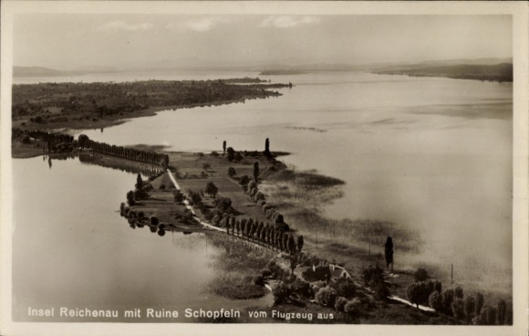 Ak Insel Reichenau Bodensee, Luftbild von der  Ruine Schopfeln, vom Flugzeug aus