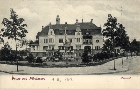 Postcard Berlin Steglitz Zehlendorf Nikolassee, street section at the post office