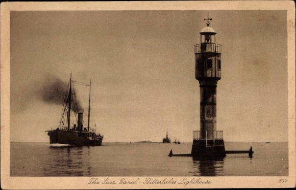 Postcard Suez Canal Egypt, Bitterlakes Lighthouse, Lighthouse, Steamer