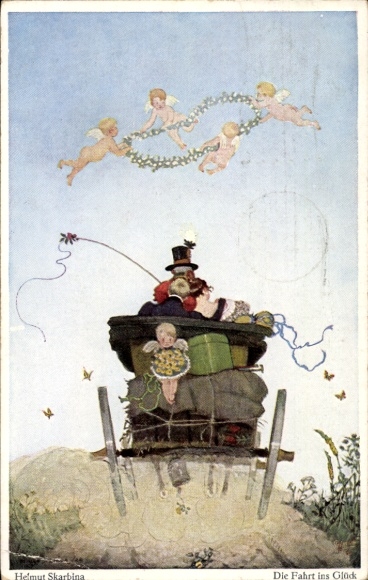 Artist Postcard Skarbina, Helmut, The Journey to Happiness, Carriage, Angel