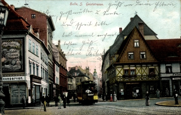 Ak Halle an der Saale, Blick in die Geiststraße, Straßenbahn zum Bahnhof