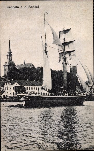 Ak Kappeln an der Schlei, Segelschiff, Nicolaikirche