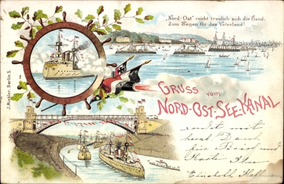 Vorläufer Litho Ak Hansestadt Kiel, Gruß vom Kaiser-Wilhelm-Kanal, Flaggen, Salutschuß
