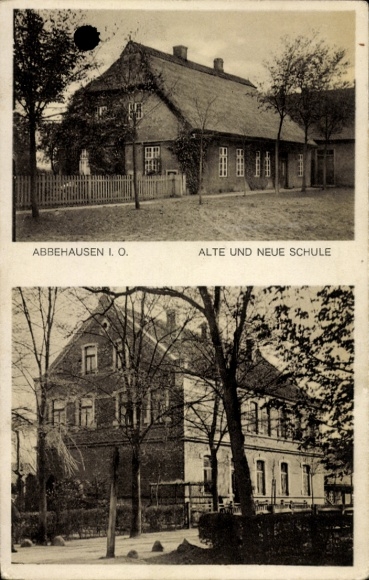 Postcard Abbehausen Nordenham in Oldenburg, old and new school, buildings, trees, less details