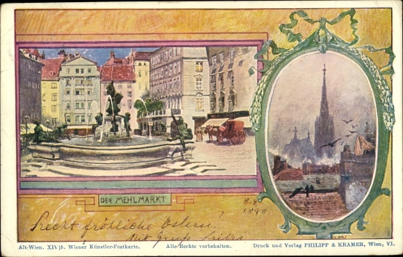 Artist PC Wilt, H., Vienna 1. Inner city Austria, flour market, fountain, church