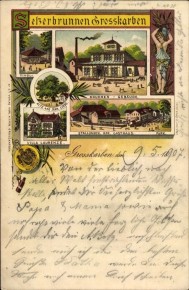 litho Groß Karben in Hessen, Selzerbrunnen, fonteingebouw, Villa Laurenze